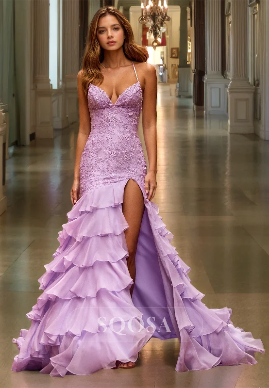 V-Neck Spaghetti Straps Sleeveless Party Gowns Lace Applique Tiered Chiffon Mermiad Prom Dress V-Neck Spaghetti Straps Sleeveless Party Gowns Lace Applique Tiered Chiffon Mermiad Prom Dress