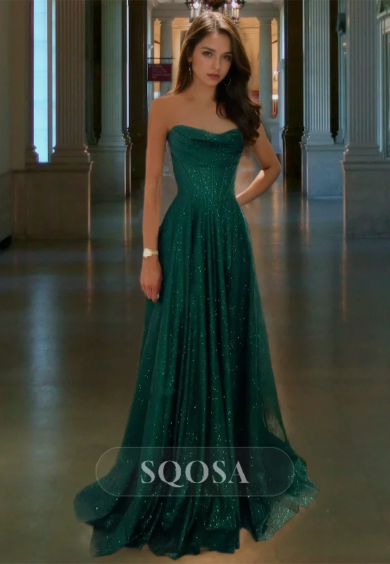 Sleeveless Sweetheart A-Line Prom Dress Pleated Beaded Glitter-Knit Formal Dress with Train Sleeveless Sweetheart A-Line Prom Dress Pleated Beaded Glitter-Knit Formal Dress with Train