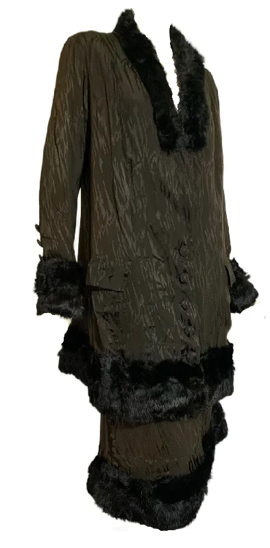 Fur Trimmed Flame Textured Silk Jacket and Skirt in Rich Deep Brown circa 1910s V-Neck Jacket Boat Neck Jacket Square Neck Jacket