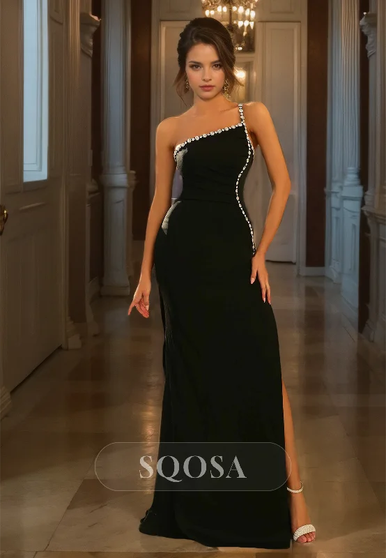 Asymmetrical-Neck One-Strap Sleeveless Pleated Beaded Floor-Length Mermaid Prom Dress Asymmetrical-Neck One-Strap Sleeveless Pleated Beaded Floor-Length Mermaid Prom Dress