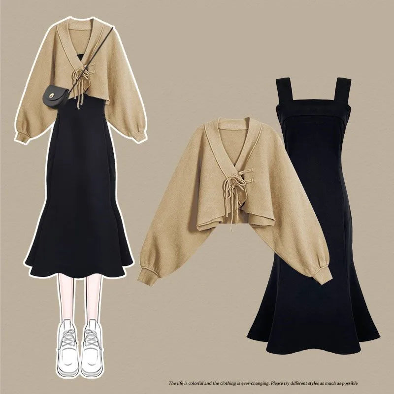 Yipinpay Women's Autumn Winter Fashion Knitted Sweater Coat+Strap Dress Two Piece Korean Elegant Short Cardigan Midi Skirt Matching Set Front Pockets Side Pockets Patch Pockets Yipinpay Women's Autumn Winter Fashion Knitted Sweater Coat+Strap Dress Two Piece Korean Elegant Short Cardigan Midi Skirt Matching Set Front Pockets Side Pockets Patch Pockets