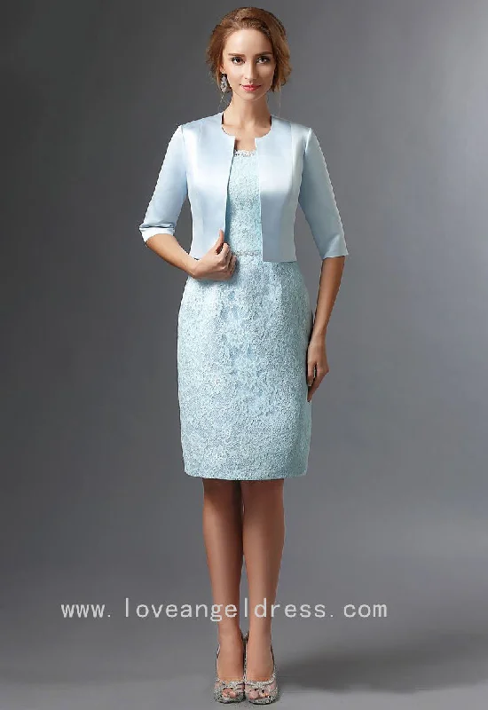 Knee Length Light Blue Lace Bride Mother Dress with Jacket Knit Jacket Woven Jacket Fleece Jacket Knee Length Light Blue Lace Bride Mother Dress with Jacket Knit Jacket Woven Jacket Fleece Jacket