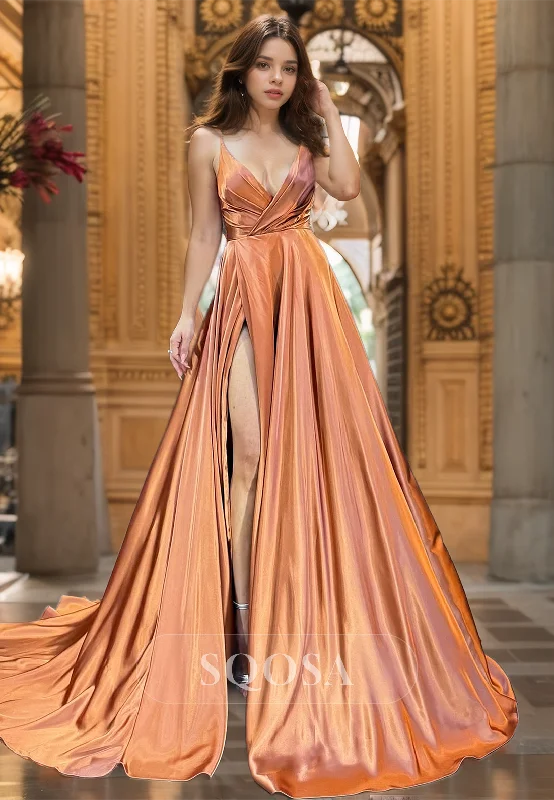 A-Line Spaghetti Straps Off-Shoulder Deep V-Neck Pleated Chiffon Train Prom Dress with High Slit A-Line Spaghetti Straps Off-Shoulder Deep V-Neck Pleated Chiffon Train Prom Dress with High Slit