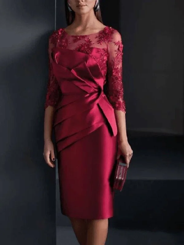 Sheath / Column Mother of the Bride Dress Elegant Illusion Neck Jewel Neck Knee Length Satin 3/4 Length Sleeve with Appliques Ruching Sheath / Column Mother of the Bride Dress Elegant Illusion Neck Jewel Neck Knee Length Satin 3/4 Length Sleeve with Appliques Ruching