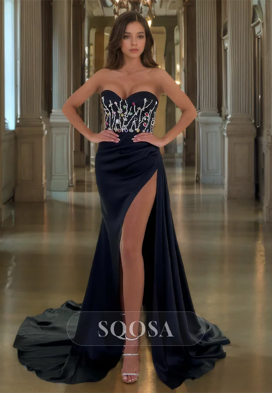 Sleeveless Sweetheart Off-Shoulder High Slit Sweep Train Fitted Formal Prom Dress with Beaded and Rhinestone Sleeveless Sweetheart Off-Shoulder High Slit Sweep Train Fitted Formal Prom Dress with Beaded and Rhinestone