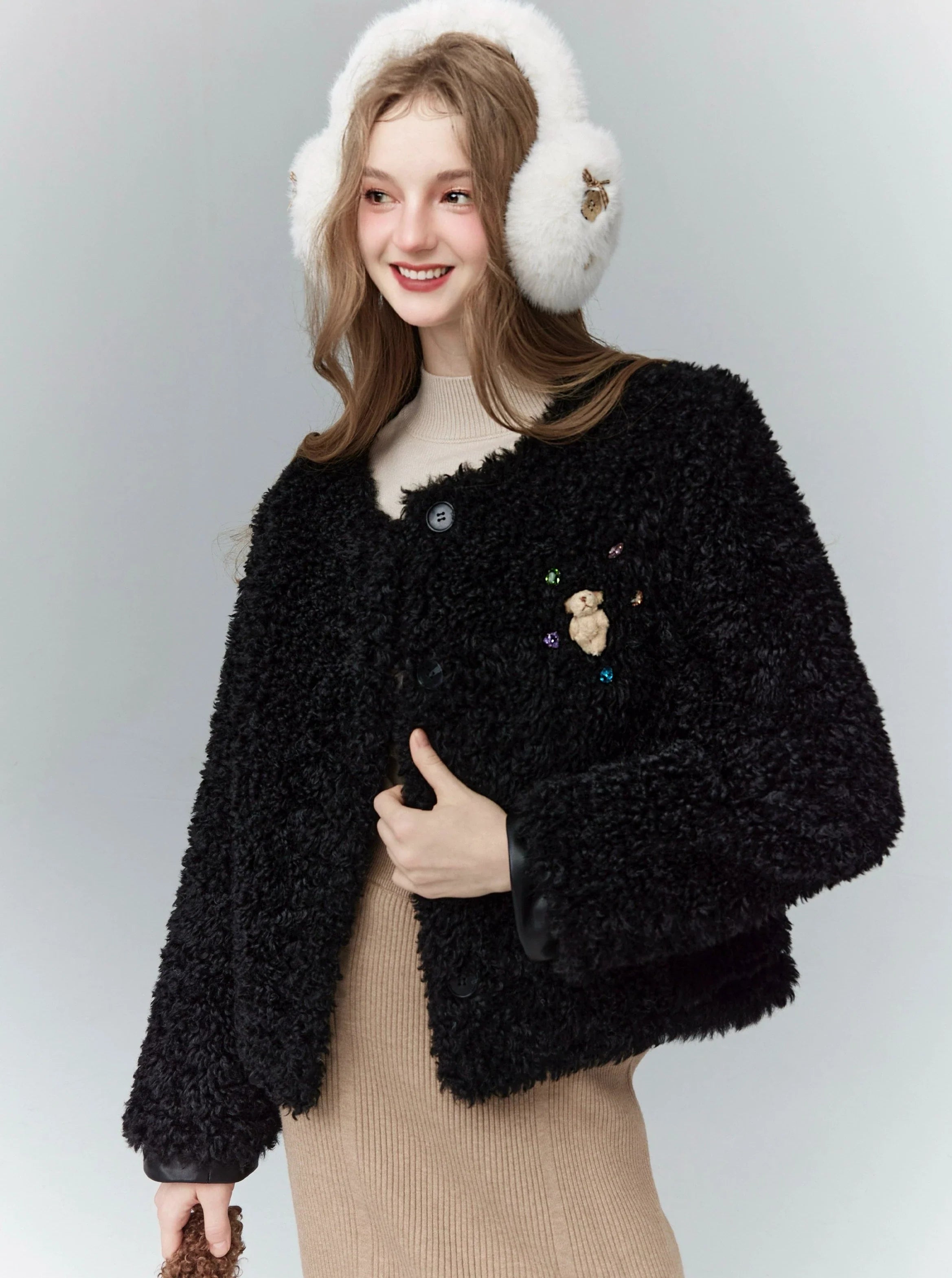 Cozy Teddy Bear Cardigan: Plush Textured Cropped Jacket with Charming Embroidered Details Real Fur Shearling Chenille Cozy Teddy Bear Cardigan: Plush Textured Cropped Jacket with Charming Embroidered Details Real Fur Shearling Chenille