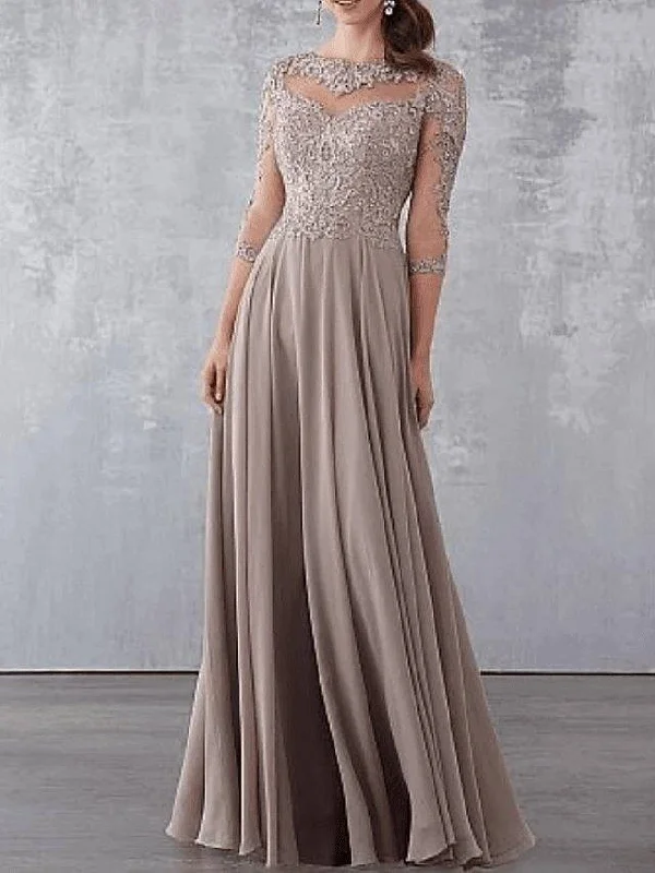 A-Line Mother of the Bride Dress Elegant See Through Jewel Neck Floor Length Chiffon Lace 3/4 Length Sleeve A-Line Mother of the Bride Dress Elegant See Through Jewel Neck Floor Length Chiffon Lace 3/4 Length Sleeve