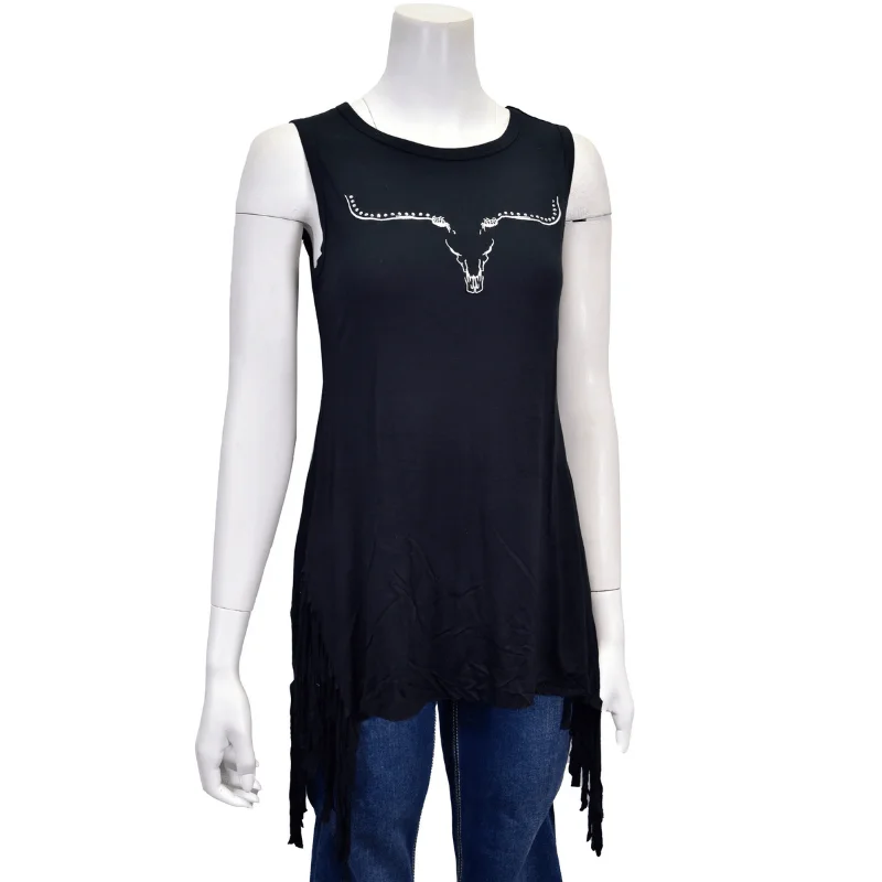 Women's Cowgirl Black Ghost Steer Side Fringe Tank cropped tank top
