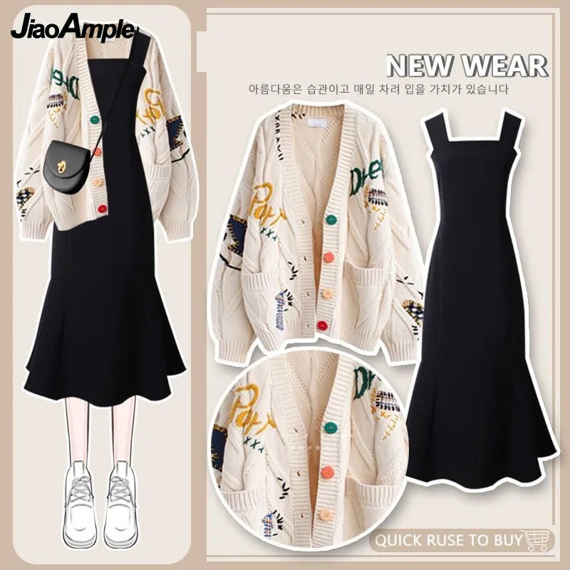 Yipinpay Autumn/Winter New Loose Knitted Sweater+Black Dress Two Piece Women's Korean Elegant Cardigan Sling Skirt Matching Set Tailored Straight A-Line Yipinpay Autumn/Winter New Loose Knitted Sweater+Black Dress Two Piece Women's Korean Elegant Cardigan Sling Skirt Matching Set Tailored Straight A-Line