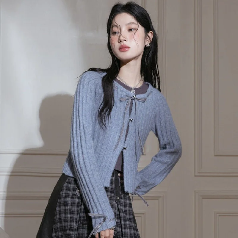 Blue Ribbon Woolen Cardigan Two-Piece Set Bright Pastel Dark