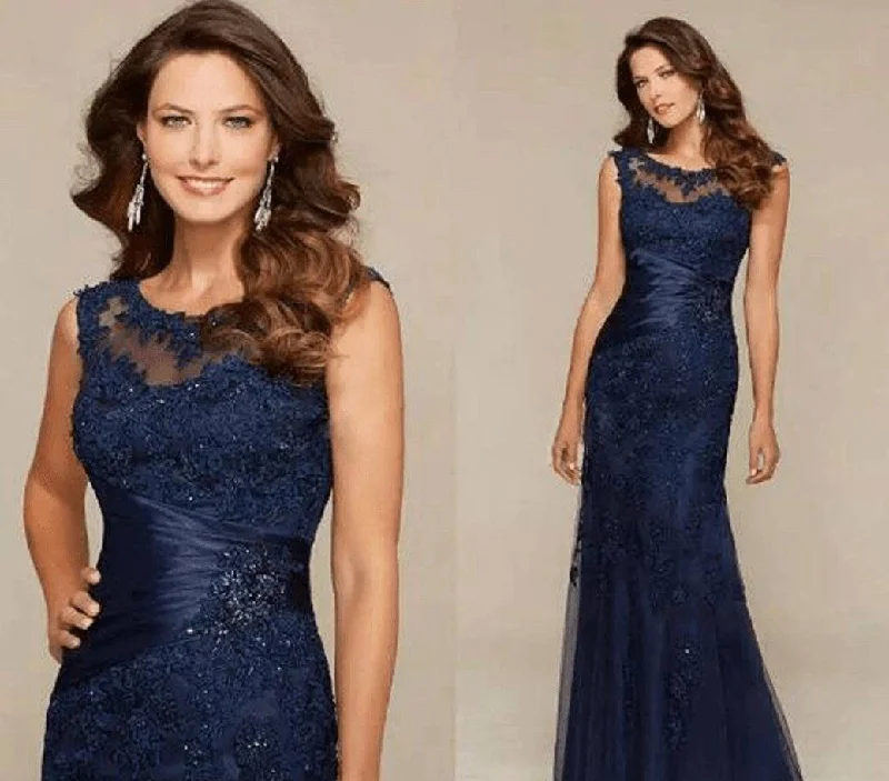 Black Blue Mother Of The Bride Dresses Mermaid Lace Beaded Sheer Neck Wedding Party Gowns 2021 Mother Evening Dresses Sleeveless