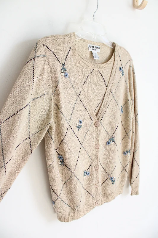 Alfred Dunner Vintage Blue Floral Argyle Tan Cardigan Sweater | S Petite Hooded Caped Shawl Collar Alfred Dunner Vintage Blue Floral Argyle Tan Cardigan Sweater | S Petite Hooded Caped Shawl Collar