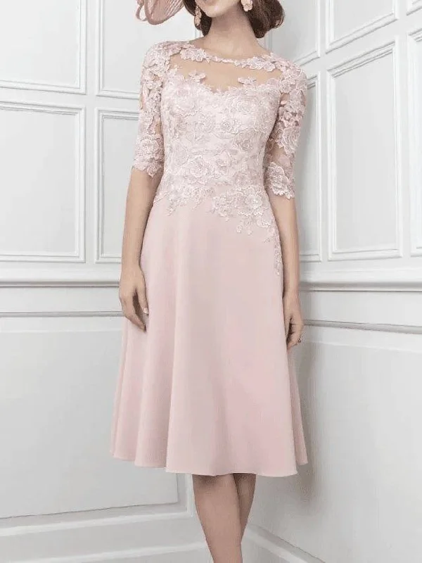A-Line Mother of the Bride Dress Elegant Illusion Neck Knee Length Chiffon Lace Half Sleeve with Pleats Appliques A-Line Mother of the Bride Dress Elegant Illusion Neck Knee Length Chiffon Lace Half Sleeve with Pleats Appliques