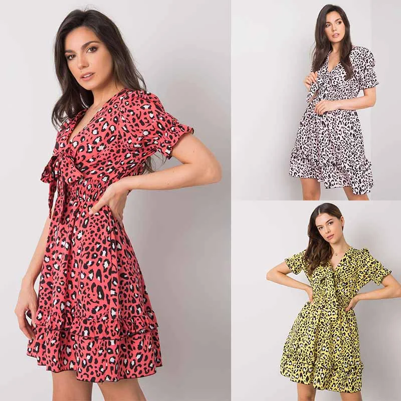 New Short Skirt Printed Color V-Neck Dress Women
