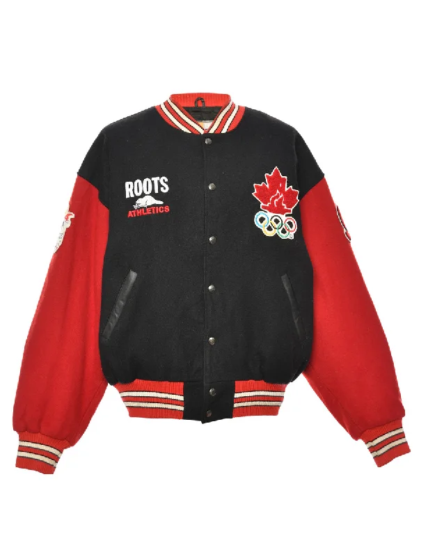 Red & Black Canada Design Varsity Jacket - L Stand-Up Collar Roll-Neck Collar Turtle Neck Red & Black Canada Design Varsity Jacket - L Stand-Up Collar Roll-Neck Collar Turtle Neck