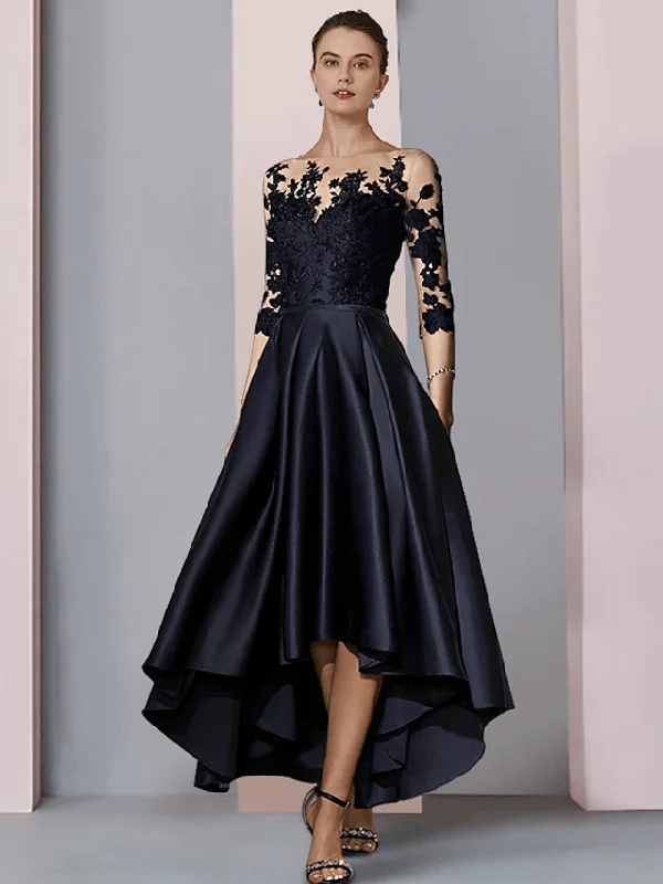 A-Line Mother of the Bride Dress Wedding Guest Elegant High Low Scoop Neck Asymmetrical Tea Length Satin Lace A-Line Mother of the Bride Dress Wedding Guest Elegant High Low Scoop Neck Asymmetrical Tea Length Satin Lace