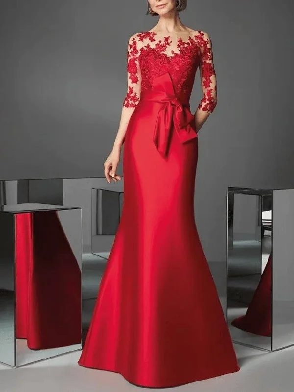 Mermaid / Trumpet Beautiful Back Wedding Guest Formal Evening Dress Illusion Neck 3/4 Length Sleeve Floor Length Satin with Appliques Mermaid / Trumpet Beautiful Back Wedding Guest Formal Evening Dress Illusion Neck 3/4 Length Sleeve Floor Length Satin with Appliques