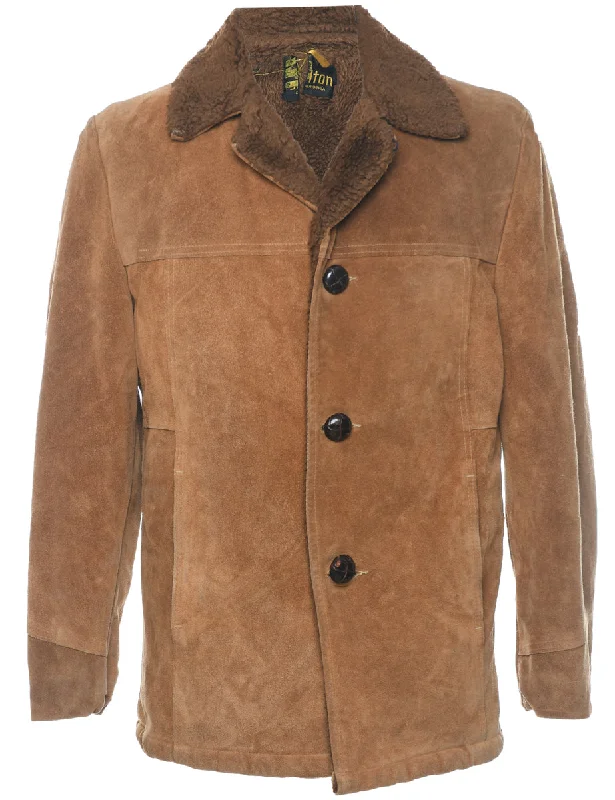 Single Breasted Shearling Suede Jacket - L Front Pockets Side Pockets Patch Pockets Single Breasted Shearling Suede Jacket - L Front Pockets Side Pockets Patch Pockets