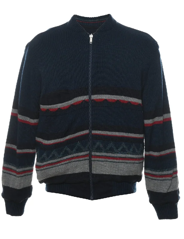 Navy, Red & Grey Patterned Zip-Front Jacket - L Knit Jacket Woven Jacket Fleece Jacket Navy, Red & Grey Patterned Zip-Front Jacket - L Knit Jacket Woven Jacket Fleece Jacket