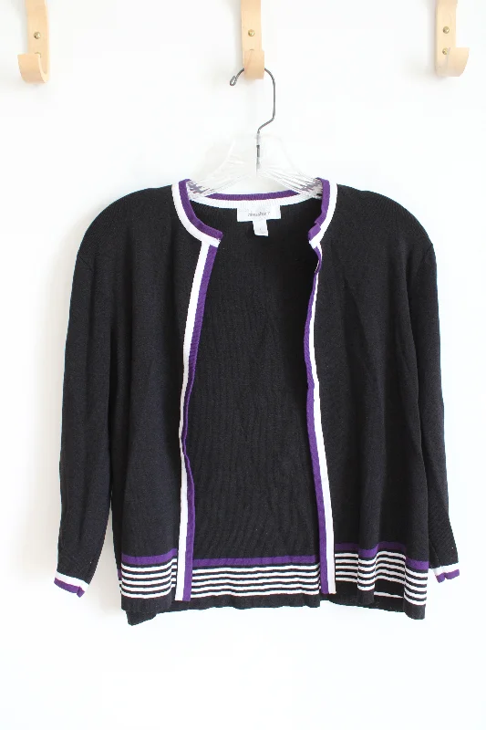 Dressbarn Purple & White Striped Edged Black Cardigan | L Zippered Front Buttoned Front Snap Front Dressbarn Purple & White Striped Edged Black Cardigan | L Zippered Front Buttoned Front Snap Front