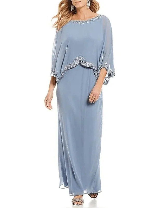 Sheath / Column Mother of the Bride Dress Plus Size Elegant Bateau Neck Floor Length Chiffon 3/4 Length Sleeve with Appliques Sheath / Column Mother of the Bride Dress Plus Size Elegant Bateau Neck Floor Length Chiffon 3/4 Length Sleeve with Appliques