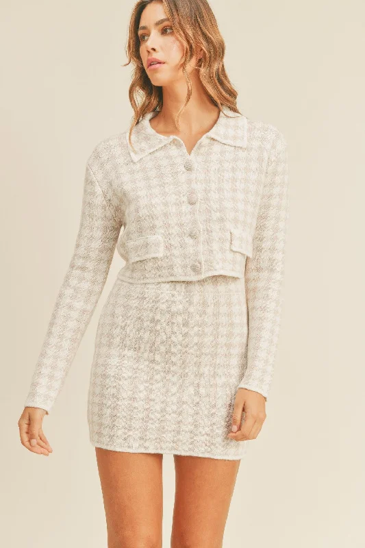 MABLE Houndstooth Cropped Knit Cardigan and Mini Skirt Set Open Front Closed Front Wrap Front
