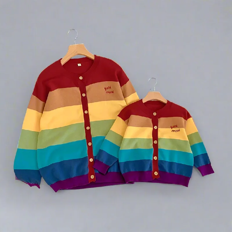 Matching Rainbow Striped Family Cardigans Cozy "Good Mood" Knit Sweaters for Mom and Kids Faux Fur Fabric Real Fur Fabric Shearling Fabric Matching Rainbow Striped Family Cardigans Cozy "Good Mood" Knit Sweaters for Mom and Kids Faux Fur Fabric Real Fur Fabric Shearling Fabric