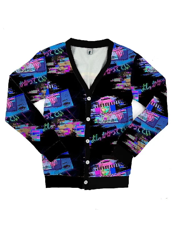 Retro Anime Glitchcore Cardigan Sweatshirt Ribbed Striped Patterned