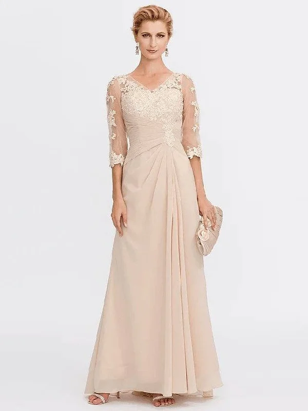Sheath / Column Mother of the Bride Dress Elegant See Through V Neck Floor Length Chiffon Sheer Lace Half Sleeve with Appliques Side Draping Sheath / Column Mother of the Bride Dress Elegant See Through V Neck Floor Length Chiffon Sheer Lace Half Sleeve with Appliques Side Draping