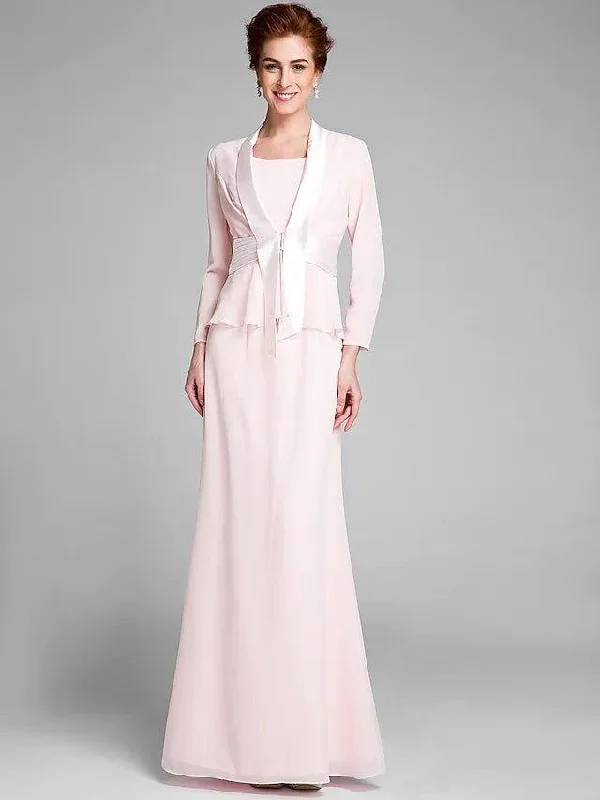 Mermaid / Trumpet Mother of the Bride Dress Convertible Dress Scoop Neck Floor Length Chiffon Long Sleeve with Sash Mermaid / Trumpet Mother of the Bride Dress Convertible Dress Scoop Neck Floor Length Chiffon Long Sleeve with Sash