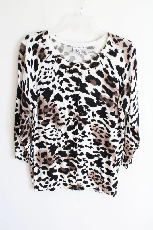 Susan Graver Cheetah Print Beaded Knit Cardigan | L Hooded Cardigan Collared Cardigan Shawl Collar