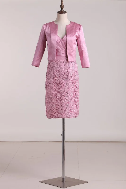 V Neck Open Back Sheath Mother Of The Bride Dresses With Jacket Satin & Lace Satin Jacket Silk Jacket Chiffon Jacket V Neck Open Back Sheath Mother Of The Bride Dresses With Jacket Satin & Lace Satin Jacket Silk Jacket Chiffon Jacket