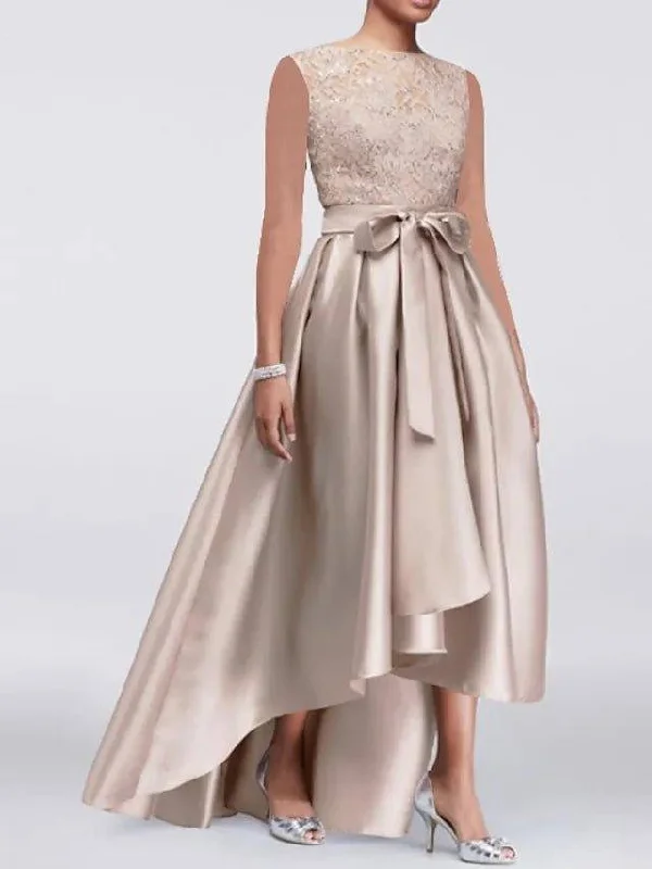 A-Line Mother of the Bride Dress Elegant Jewel Neck Asymmetrical Lace Satin Sleeveless with Lace Sash / Ribbon Bow(s) A-Line Mother of the Bride Dress Elegant Jewel Neck Asymmetrical Lace Satin Sleeveless with Lace Sash / Ribbon Bow(s)