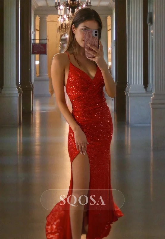 V-Neck Spaghetti Straps Mermaid Prom Dress with Sweep Train Sleeveless Pleated Allover Sequins Evening Gowns V-Neck Spaghetti Straps Mermaid Prom Dress with Sweep Train Sleeveless Pleated Allover Sequins Evening Gowns