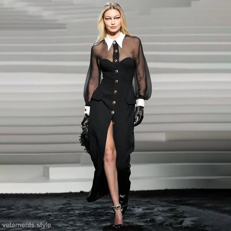 Elegant Catwalk Cardigan Dress with Lantern Sleeves and Split Design Collared Crew Neck Turtle Neck Elegant Catwalk Cardigan Dress with Lantern Sleeves and Split Design Collared Crew Neck Turtle Neck
