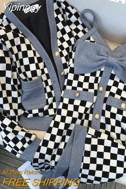 Yipinpay Black White Checkerboard Coat Short Cardigan Casual 2Piece Sets Retro Bow Spaghetti Strap Plaid Dress Bodycon Outfits Wool Fabric Cashmere Fabric Tweed Fabric Yipinpay Black White Checkerboard Coat Short Cardigan Casual 2Piece Sets Retro Bow Spaghetti Strap Plaid Dress Bodycon Outfits Wool Fabric Cashmere Fabric Tweed Fabric