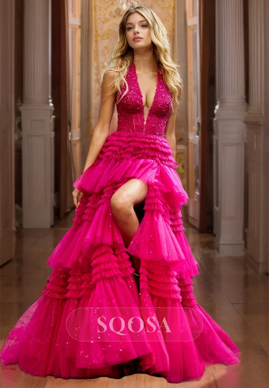 Deep V-Neck Sleeveless Beaded A-Line Formal Gowns Straps Slit with Tulle Train Prom Dress Deep V-Neck Sleeveless Beaded A-Line Formal Gowns Straps Slit with Tulle Train Prom Dress