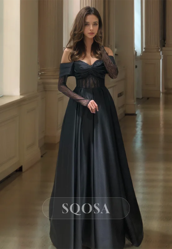 Pleated Sweetheart Off-Shoulder Satin Formal Gowns Floor-Length A-Line Prom Dress with Lace Gloves Pleated Sweetheart Off-Shoulder Satin Formal Gowns Floor-Length A-Line Prom Dress with Lace Gloves