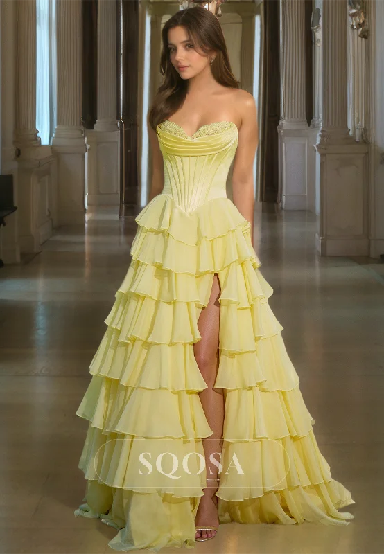 Beaded Sweetheart Sleeveless Chiffon A-Line Prom Dress Off-Shoulder Tiered Evening Gowns with High Slit Beaded Sweetheart Sleeveless Chiffon A-Line Prom Dress Off-Shoulder Tiered Evening Gowns with High Slit