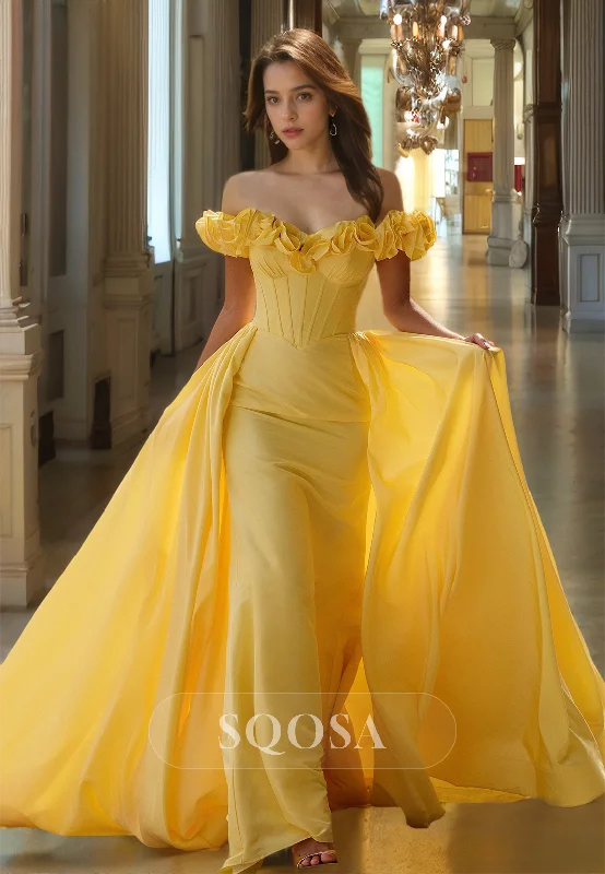 Floral Embossed Sweetheart Off-Shoulder Party Gowns Pleated Satin Mermaid Prom Dress with Overskirt Floral Embossed Sweetheart Off-Shoulder Party Gowns Pleated Satin Mermaid Prom Dress with Overskirt