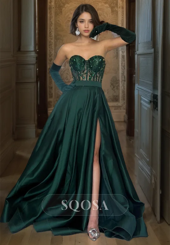 Sweetheart Beaded Satin A-Line Prom Dress Gloves Slit with Train Cutout Formal Gowns Sweetheart Beaded Satin A-Line Prom Dress Gloves Slit with Train Cutout Formal Gowns