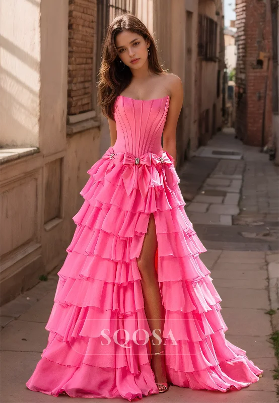 Scoop-Neck Off-Shoulder Sleeveless Beaded Pleated Chiffon Tiered A-Line Prom Dress with Bows Scoop-Neck Off-Shoulder Sleeveless Beaded Pleated Chiffon Tiered A-Line Prom Dress with Bows