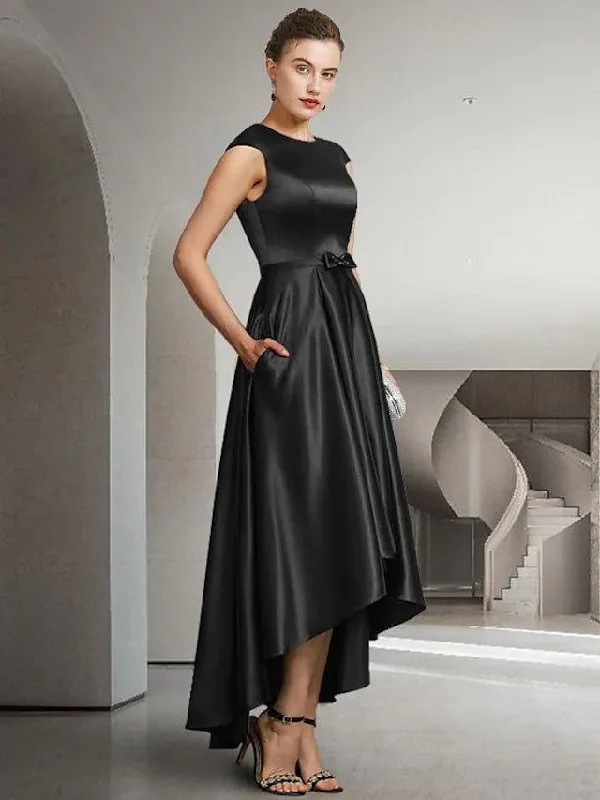 A-Line Mother of the Bride Dress Elegant Jewel Neck Asymmetrical Satin Sleeveless with Bow(s) Pleats A-Line Mother of the Bride Dress Elegant Jewel Neck Asymmetrical Satin Sleeveless with Bow(s) Pleats