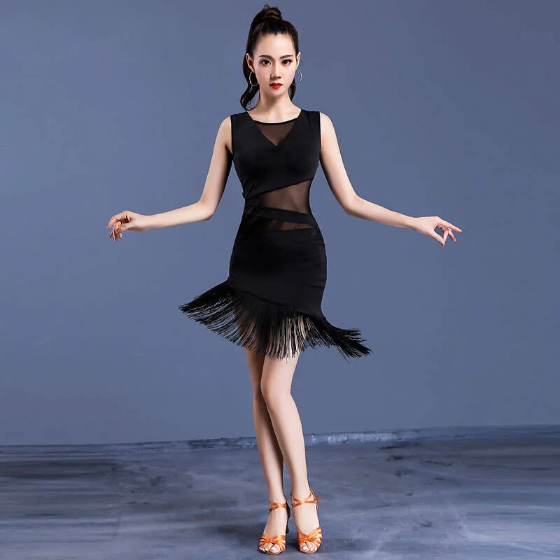 Sleeveless Patchwork Latin Dress with Mesh