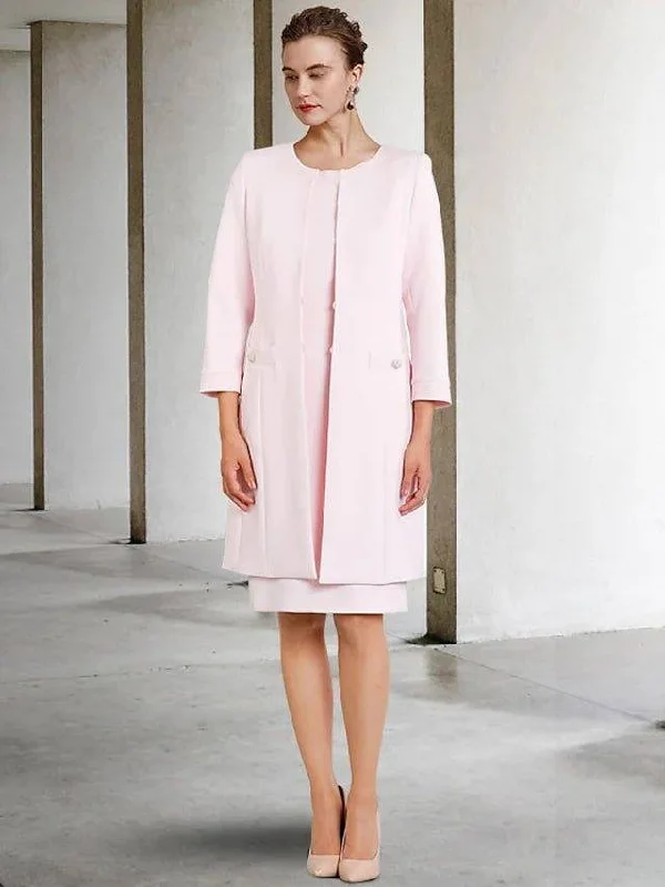 Two Piece Sheath / Column Mother of the Bride Dress Elegant Wrap Included Jewel Neck Knee Length Chiffon Short Sleeve with Ruffles