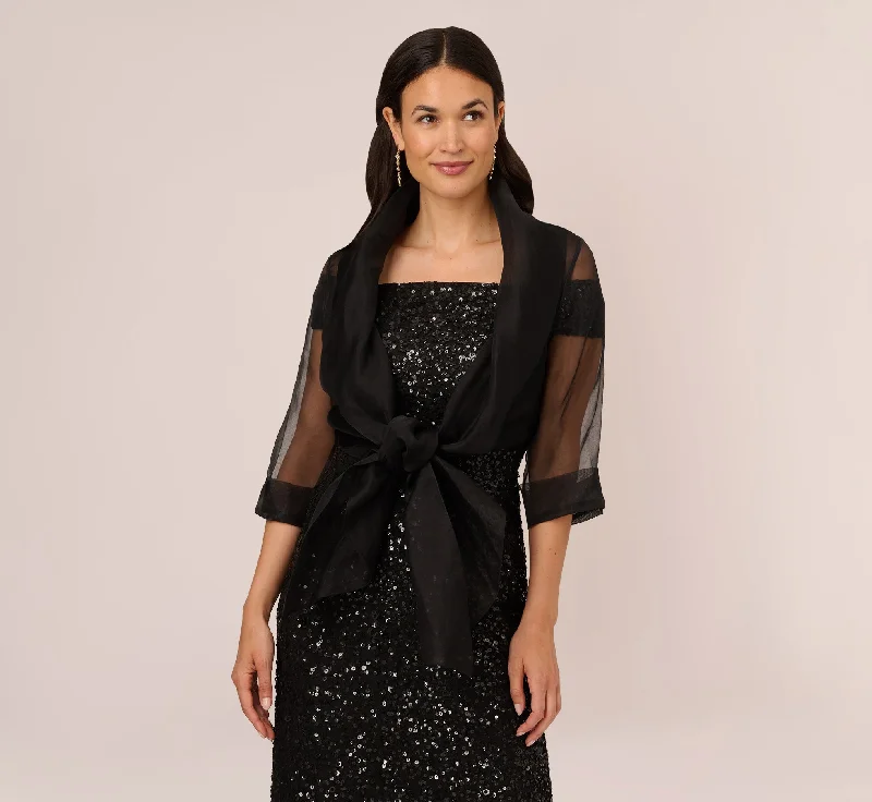 Organza Wrap Jacket With Short Sleeves In Black Belted Jacket Elasticated Jacket Padded Jacket Organza Wrap Jacket With Short Sleeves In Black Belted Jacket Elasticated Jacket Padded Jacket