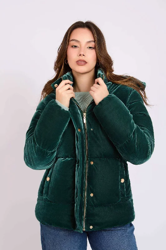 Women Regular Fit Jacket - Green Notch Collar Peter Pan Collar Cowl Neck
