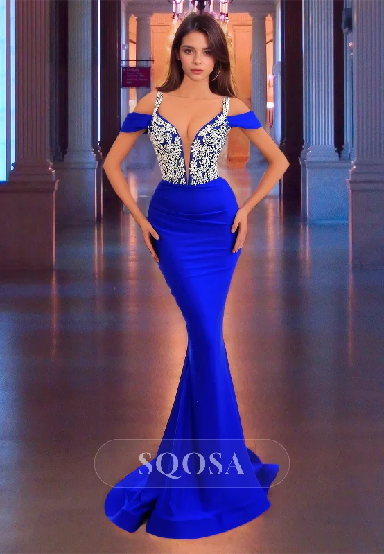 Deep V-Neck Spaghetti Straps Sleeveless Beaded Applique Mermaid Prom Dress with Sweep Train Deep V-Neck Spaghetti Straps Sleeveless Beaded Applique Mermaid Prom Dress with Sweep Train