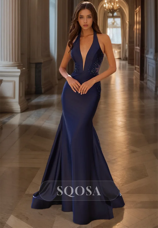 Halter Deep V-Neck Sleeveless Satin Formal Gowns Beaded Floor-Length Mermaid Prom Dress Halter Deep V-Neck Sleeveless Satin Formal Gowns Beaded Floor-Length Mermaid Prom Dress