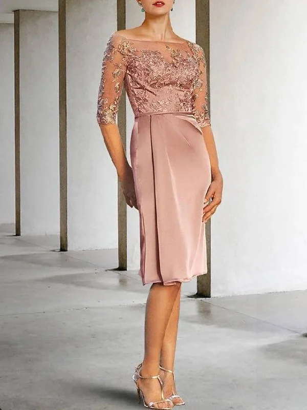 Sheath / Column Mother of the Bride Dress Elegant Vintage Jewel Neck Knee Length Lace Charmeuse Half Sleeve with Appliques Side-Draped Sheath / Column Mother of the Bride Dress Elegant Vintage Jewel Neck Knee Length Lace Charmeuse Half Sleeve with Appliques Side-Draped